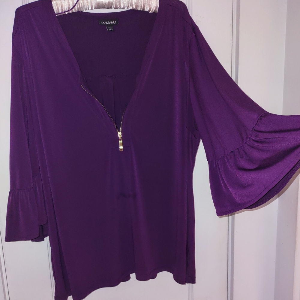 Women's Purple Blouse w/ Gold Zipper Front & Bell Sleeves